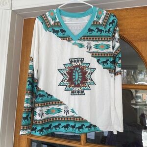 Western Themed Women’s Long Sleeved Shirt With Horses And Turquoise Size Small